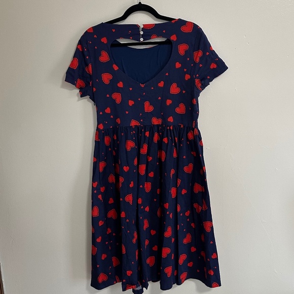 Lindy Bop Retro Short Sleeve Heart Print Swing Dress, Navy & Red, US 14 - Picture 3 of 13